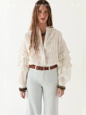 Maison Hotel Omara Blouse Size S White Cuban Schiffli Embroidered Ruffle Cotton